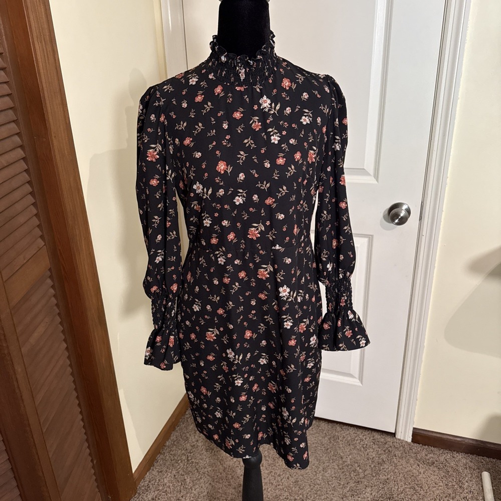 Caara Edita Black Floral Long Sleeve Sheath Dress Size Large Boho Beach Cowgirl